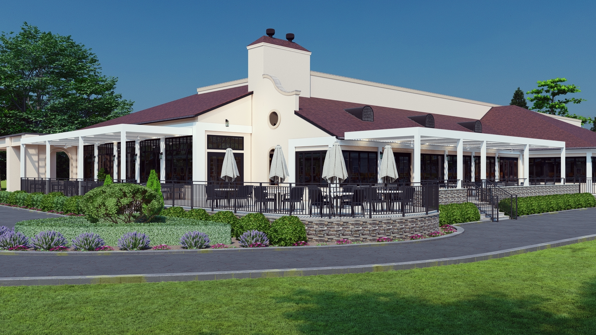 Design rendering of the Lake Success Country Club motorized louvered roof by Breslow Design & Build