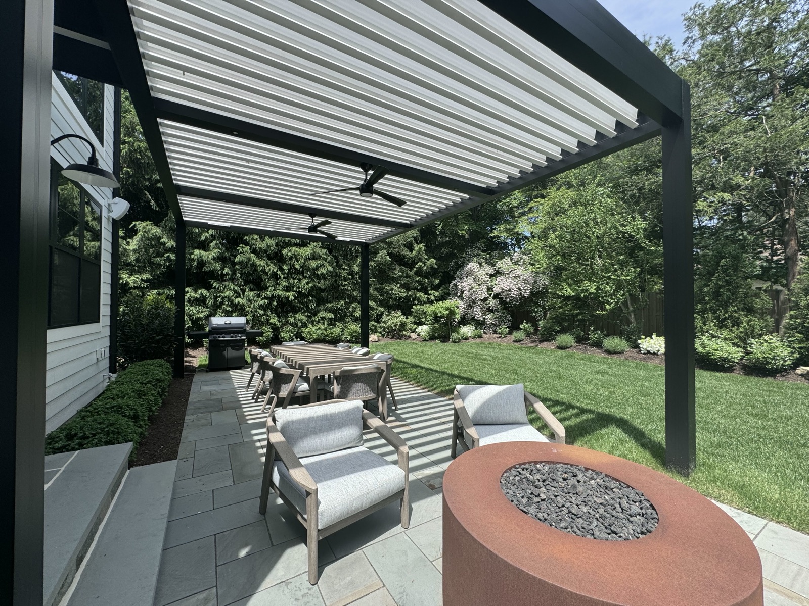 Breslow modern aluminum louvered roof — custom azek packout build, Demarest, NJ