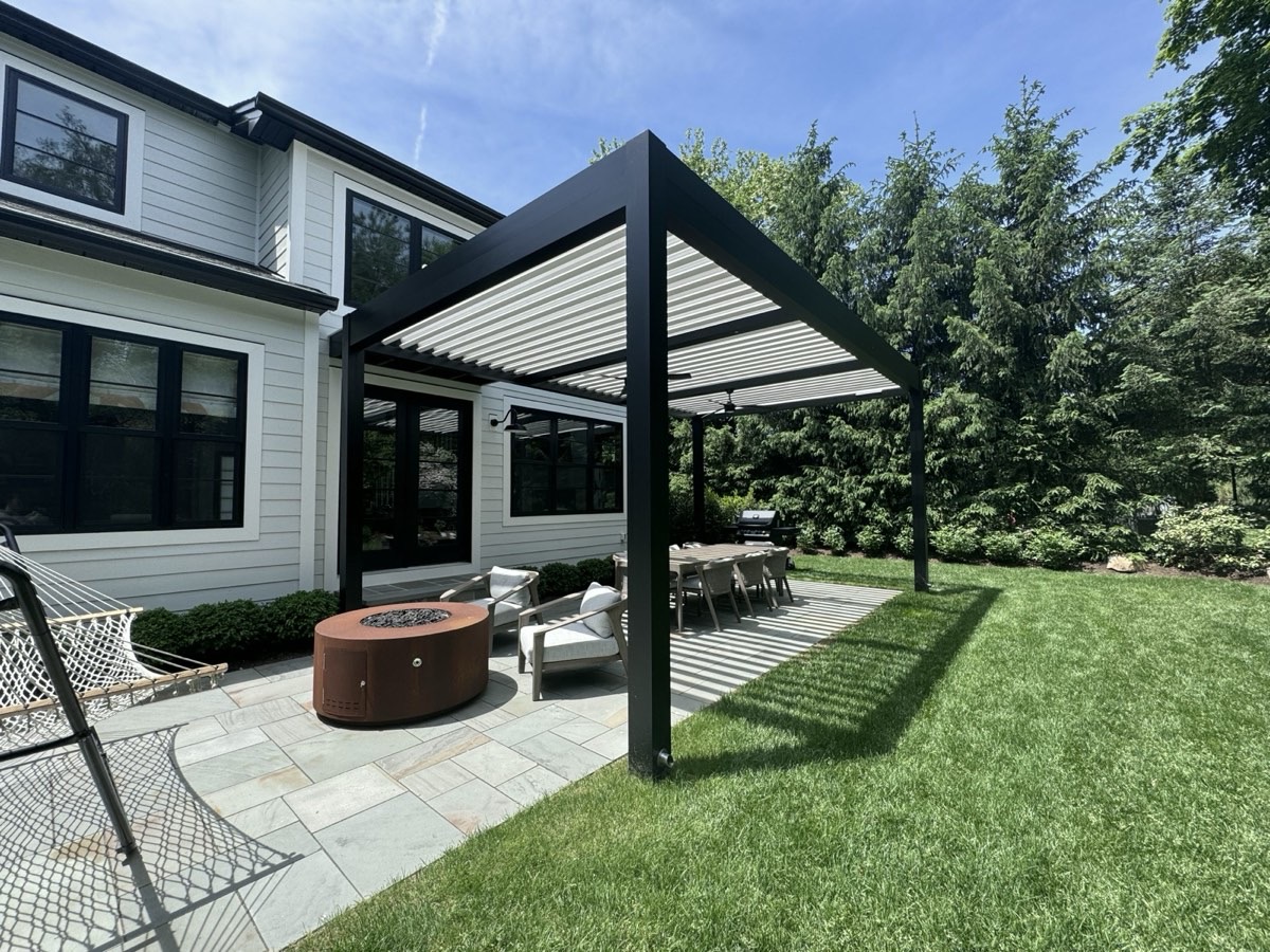 Modern aluminum louvered roof with custom AZEK packout in Demarest, NJ