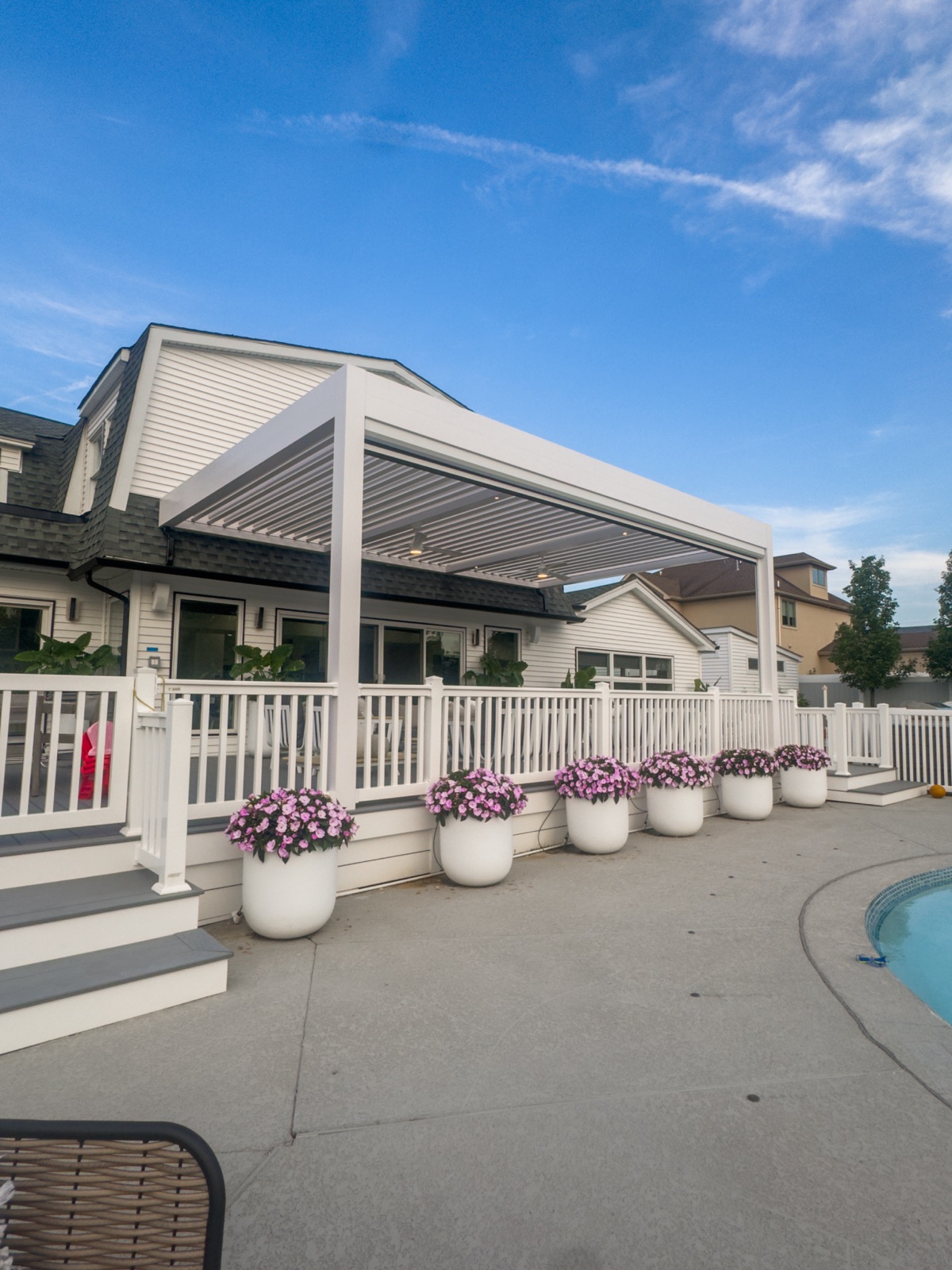 Breslow modern poolside pergola — motorized retractable shade build, Long Branch, NJ