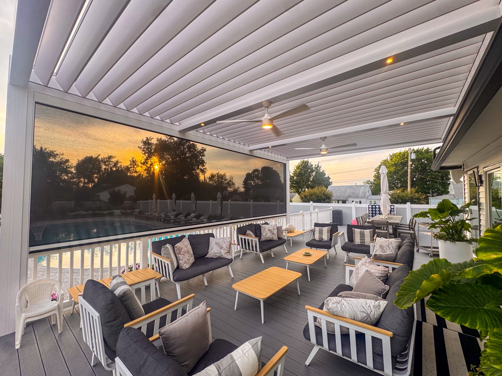 Breslow modern poolside pergola — motorized retractable shade build, Long Branch, NJ