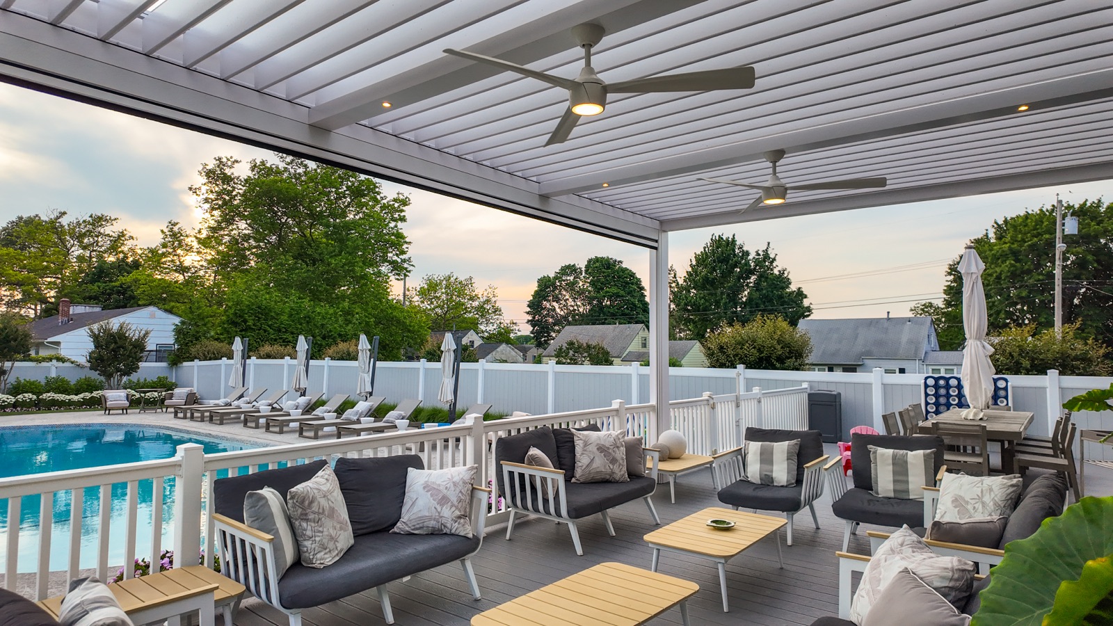 Breslow modern poolside pergola — motorized retractable shade build, Long Branch, NJ