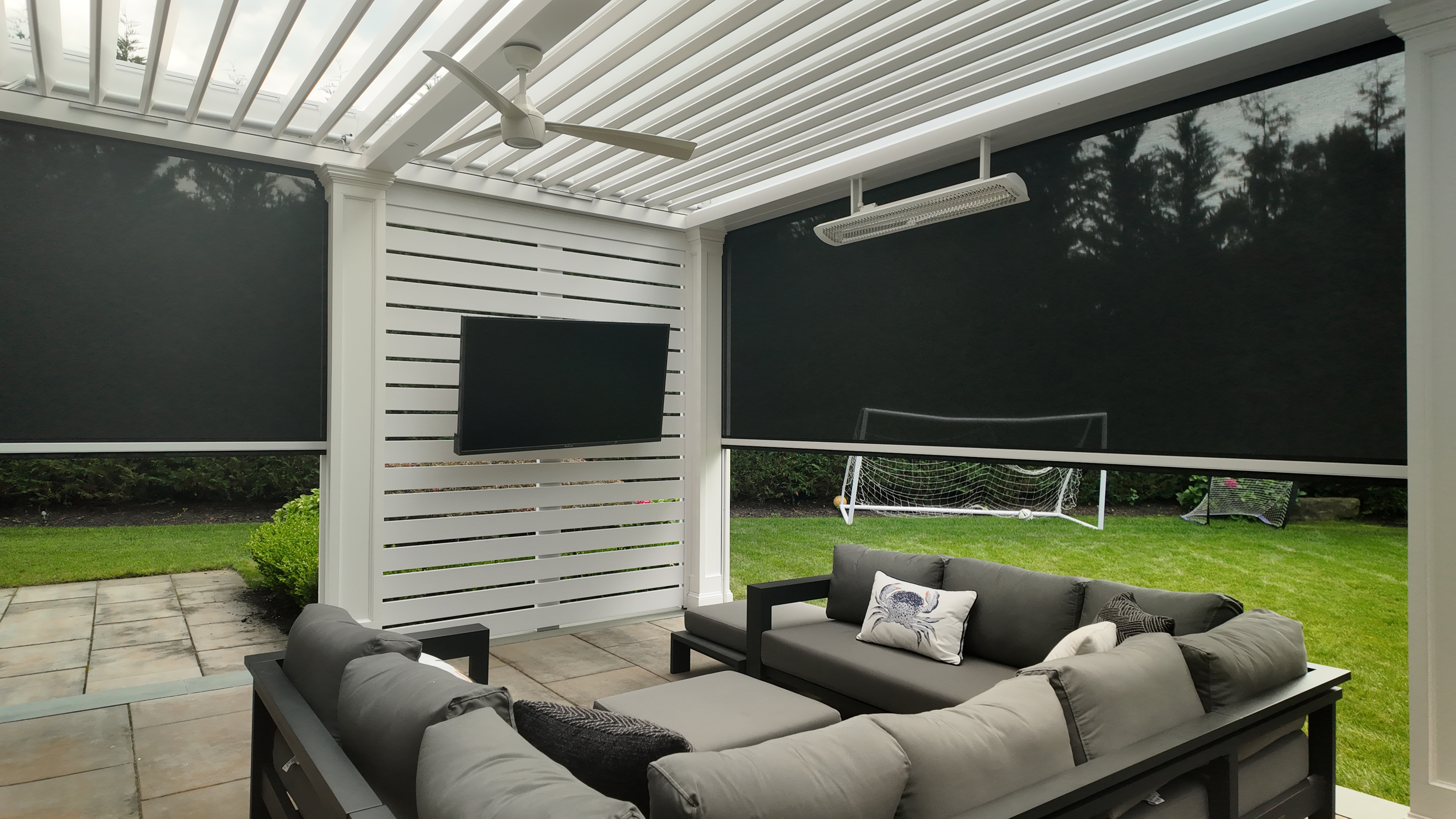 Custom Transitional Column Azenco Motorized Pergola with Concealed Motorized Screen shades, and Privacy wall with a TV mount, Manhasset NY