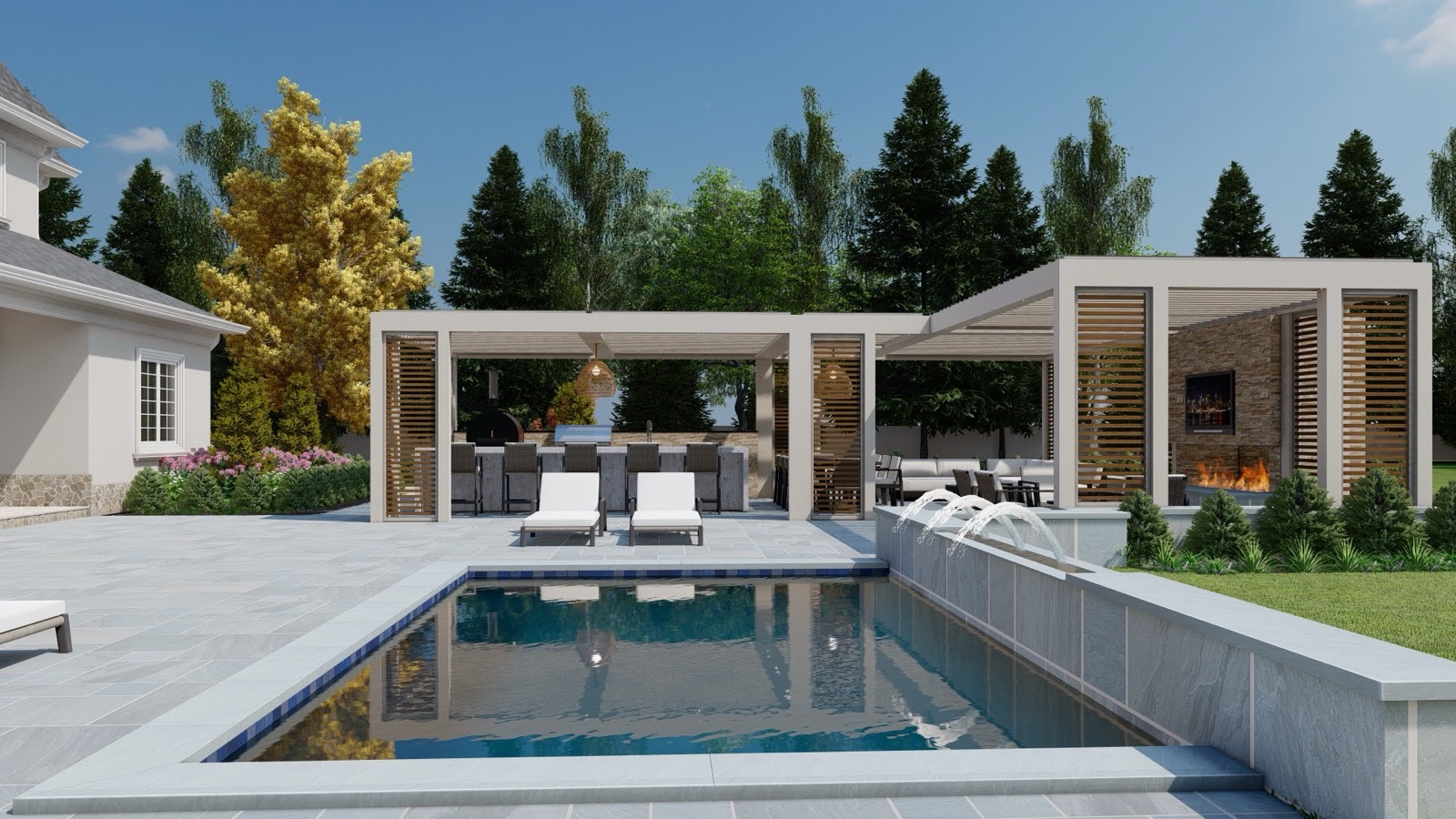 3D rendered design of Morristown pergola showing architectural placement