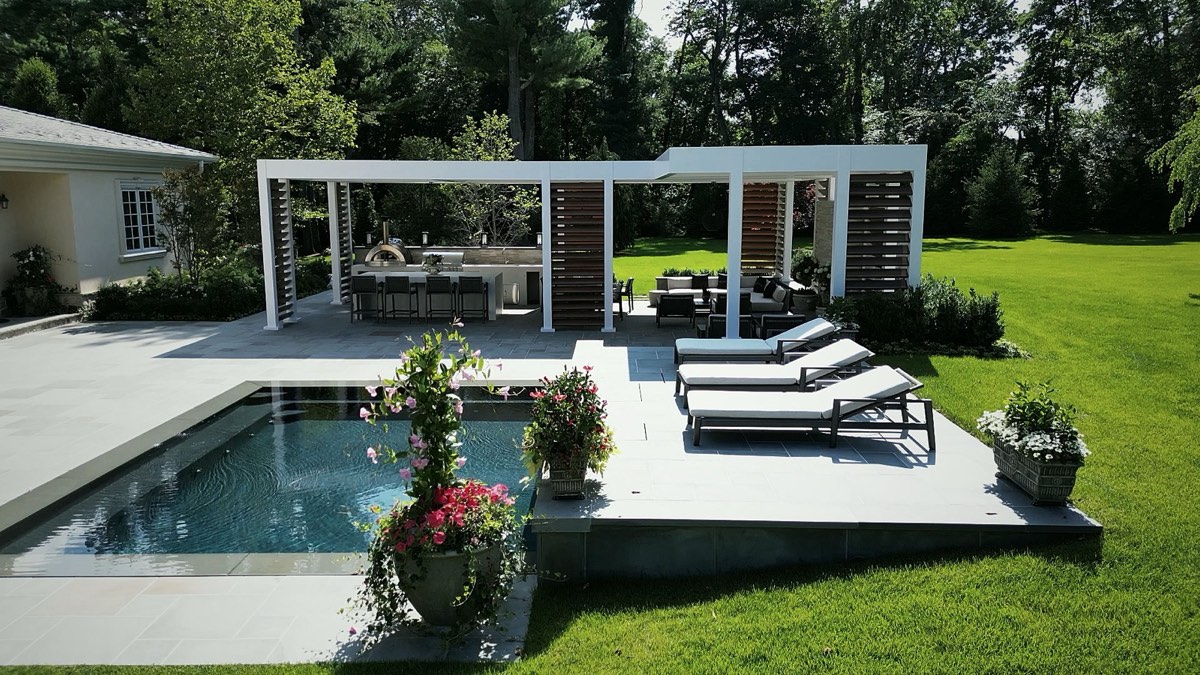 Completed Morristown pergola installation, drone view