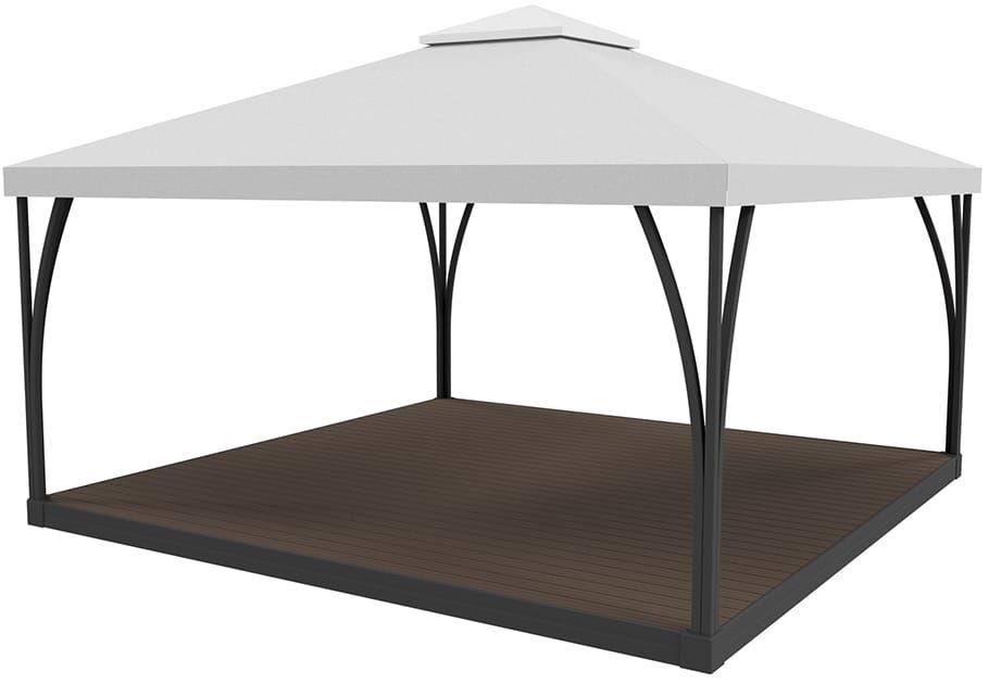 A sleek square cabana frame with a white canopy and black metal supports, offering a modern and durable design for outdoor shade and relaxation.