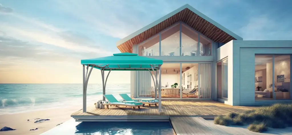 A luxurious beachside cabana with a turquoise canopy and lounge chairs beside the ocean, offering a relaxing coastal escape in New Jersey.