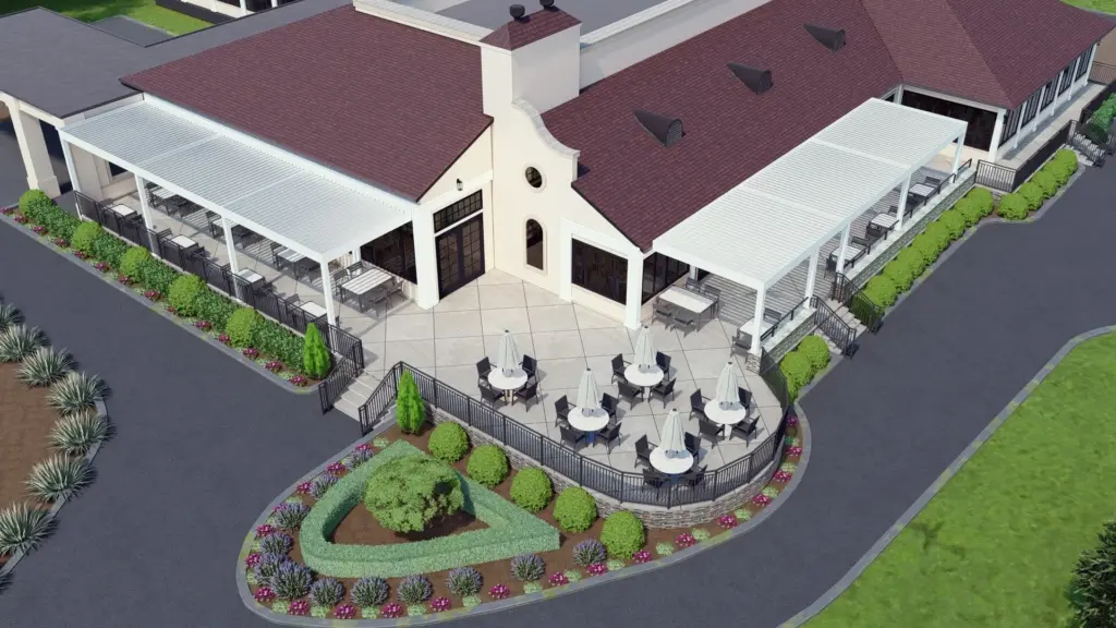 A 3D rendering of a commercial building with outdoor dining areas, landscaped walkways, and covered patio spaces designed for aesthetic and functional appeal.