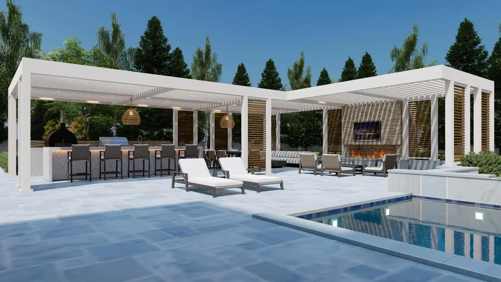 A modern outdoor living space featuring a large white pergola with lounge chairs, dining area, and an outdoor kitchen beside a swimming pool surrounded by trees.