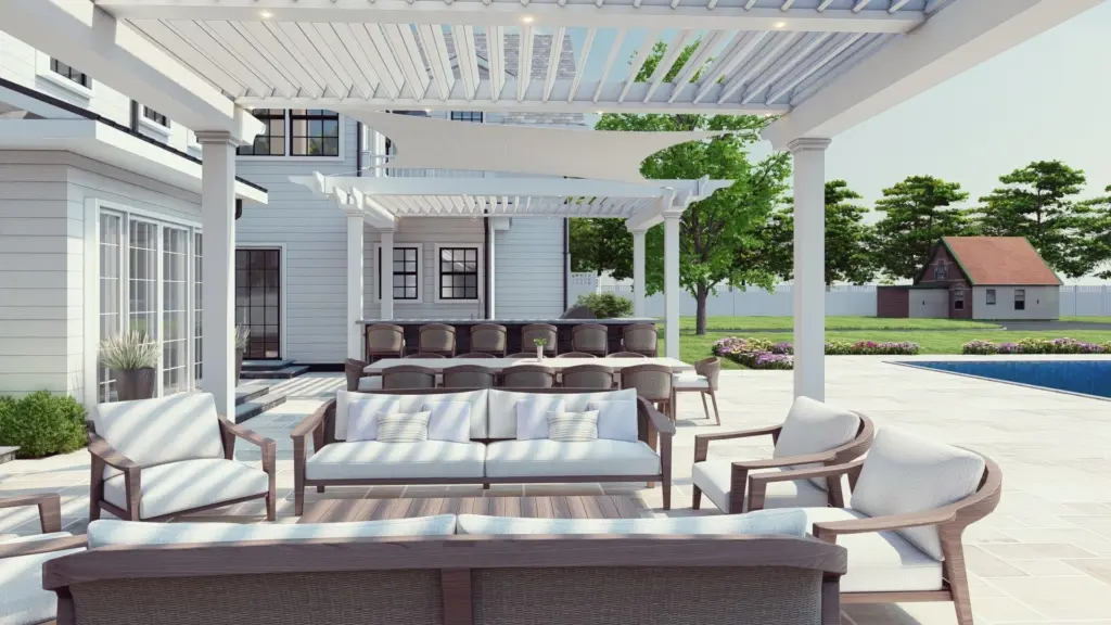 A modern outdoor seating area under a white louvered pergola beside a pool, featuring comfortable lounge chairs and a bright, open backyard setting.