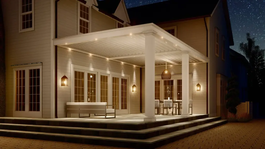 A beautifully lit outdoor covered patio attached to a house, featuring warm ceiling lights, columns, and nighttime ambiance.